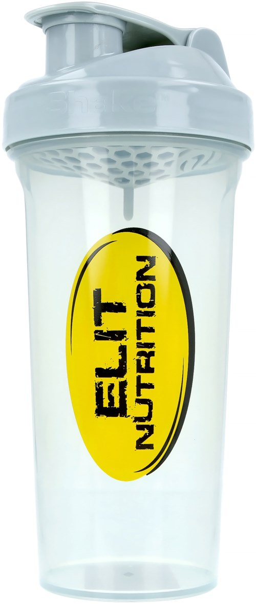 Läpinäkyvä juomapullo, jossa on keltainen ja musta etiketti, jossa lukee 'ELIT NUTRITION', ja flip-lukko.