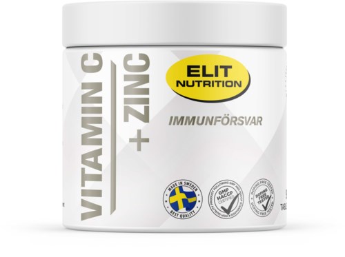 Pakkaus C-vitamiini ja sinkilisälle, ELIT Nutrition -merkinnällä, keskittyen immuunipuolustukseen ja laatuun.