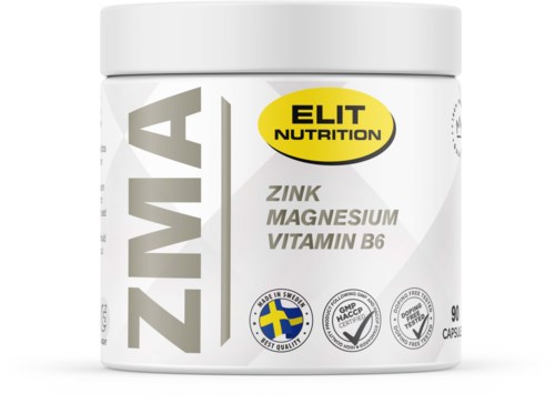 A white bottle labeled ELIT NUTRITION with zinc, magnesium, and vitamin B6, showing Swedish origin and health certifications.
