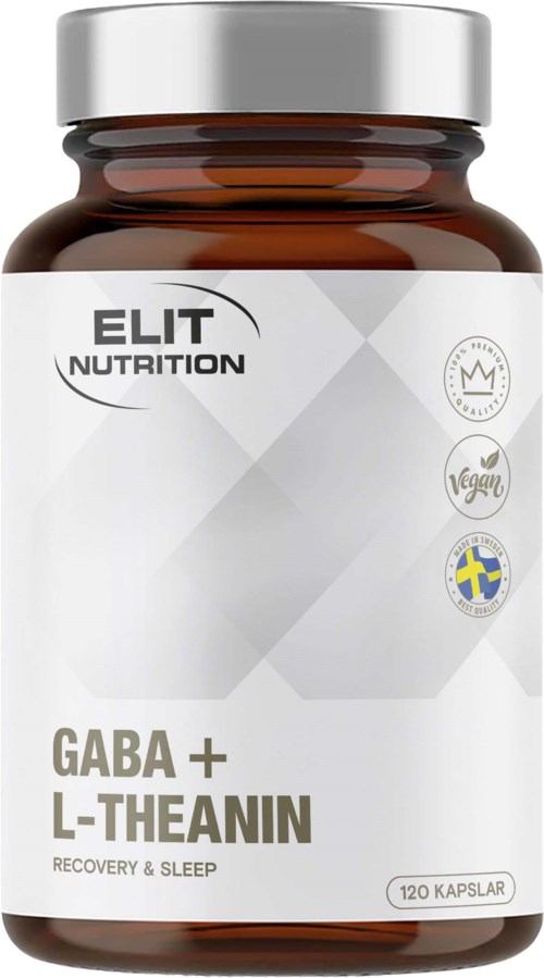 Flaskan med GABA och L-Theanin kapslar för återhämtning och sömn med etikett som visar varumärket Elit Nutrition och svensk flagga.