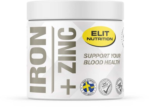 En vit behållare märkt 'Iron + Zinc' stödjer blodhälsan, med logotyper och en gul 'Elit Nutrition'-del.