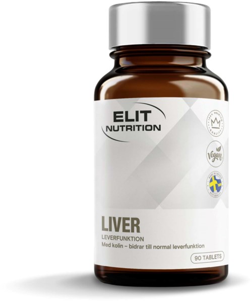 En kosttillskottsflaska märkt 'Elit Nutrition Liver' med 90 tabletter, med fokus på leverstöd, innehåller svenska och vegansymboler.