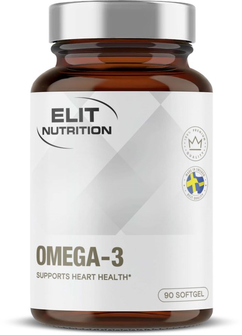 Elit Nutrition Omega-3 mjukgel i flaska med vit etikett, svart och gult logo samt text om stöd för hjärtat.