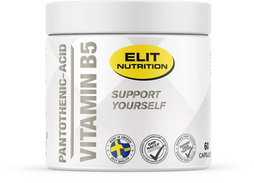 En vit behållare märkt 'Elit Nutrition' med tabletter för vitamin B5 och stöd för hälsan.