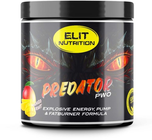 En svart behållare av Predator PWO energitillskott med kattansiktsdesign och gul ELIT NUTRITION-etikett.