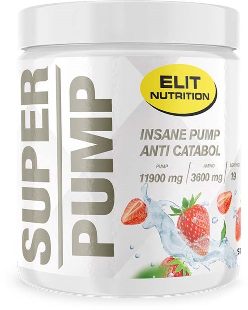 Förpackning av ett kosttillskott som heter 'Super Pump' med jordgubbar och vattenstänk på bilden.