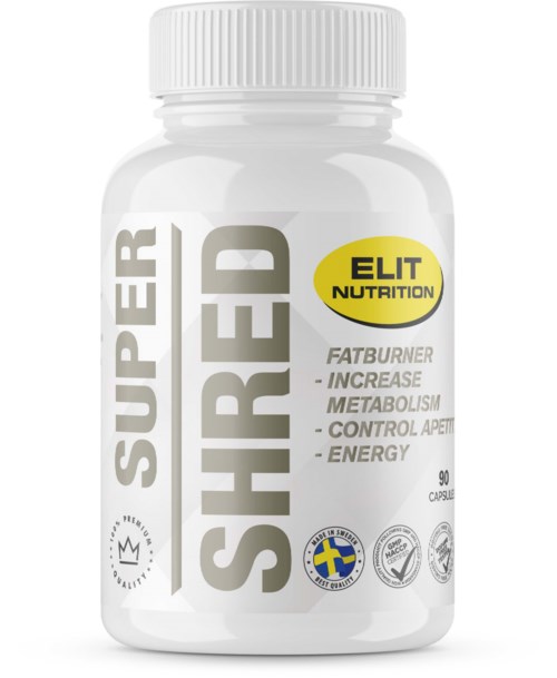 En vit kosttillskott-flaska med etiketttext: 'SUPER SHRED', 'ELITE NUTRITION' och fördelar som viktminskning och energi.