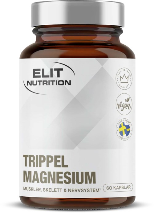En brun flaska med vit etikett som visar ELIT NUTRITION, vegan- och svensk-ikoner samt text om magnesiumkapslar.