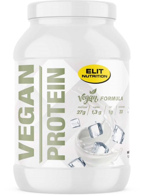 Vegan proteinpulver i beholder med isterninger og ernæringsinformation, mærket som allergivenlig og økologisk.