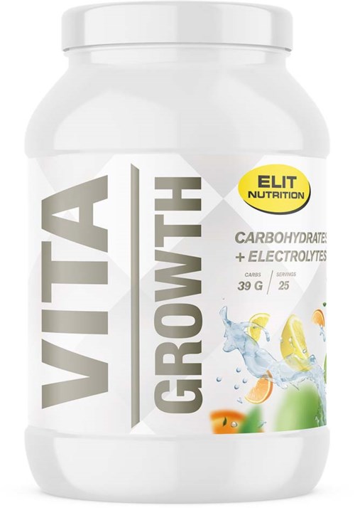 Vita GrowTh förpackning för sportdryck med citron- och apelsinsmak, innehåller kolhydrater och elektrolyter, 39 gram, 25 portioner.