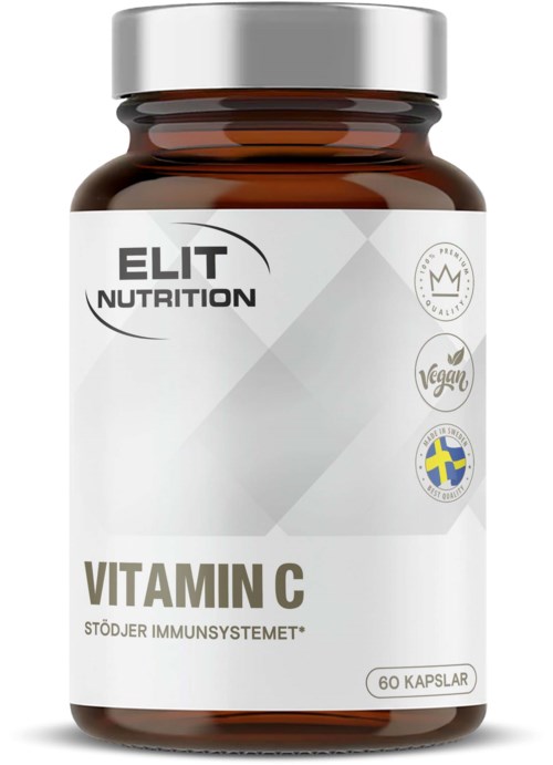 Vitamin C-kapslar i burk med etikett, visar varumärke, vegansk och svensk flaggikon, samt 60 kapslar.