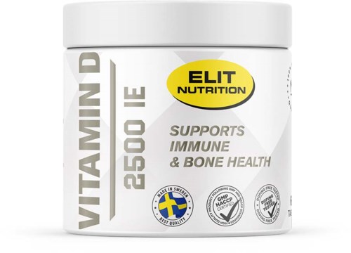En hvit beholder med kosttilskudd som har etiketter for vitamin D, 250 IU, som støtter immun- og beinhelse.