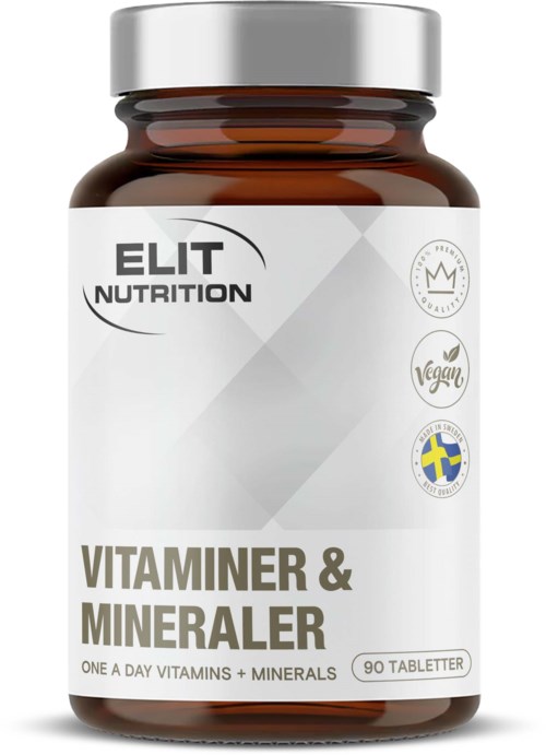 Flaska med multivitamin- och mineraltabletter för dagligt bruk, med etiketter som visar veganska och svenska certifieringar.