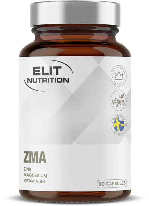 Askkopp med vit etikett som visar ELIT NUTRITION, ZMA, zink, magnesium, vitamin B6, vegan och Sverige-symboler.