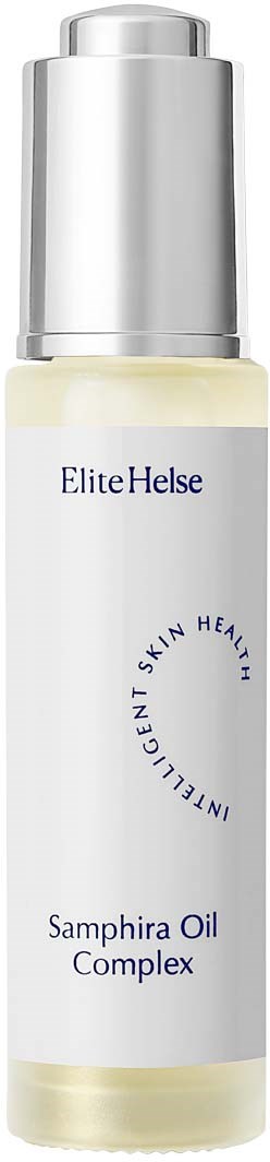 En hvid flaske med sølvhætte, mærket 'Elite Helse' og 'Samphira Oil Complex' til hudpleje.
