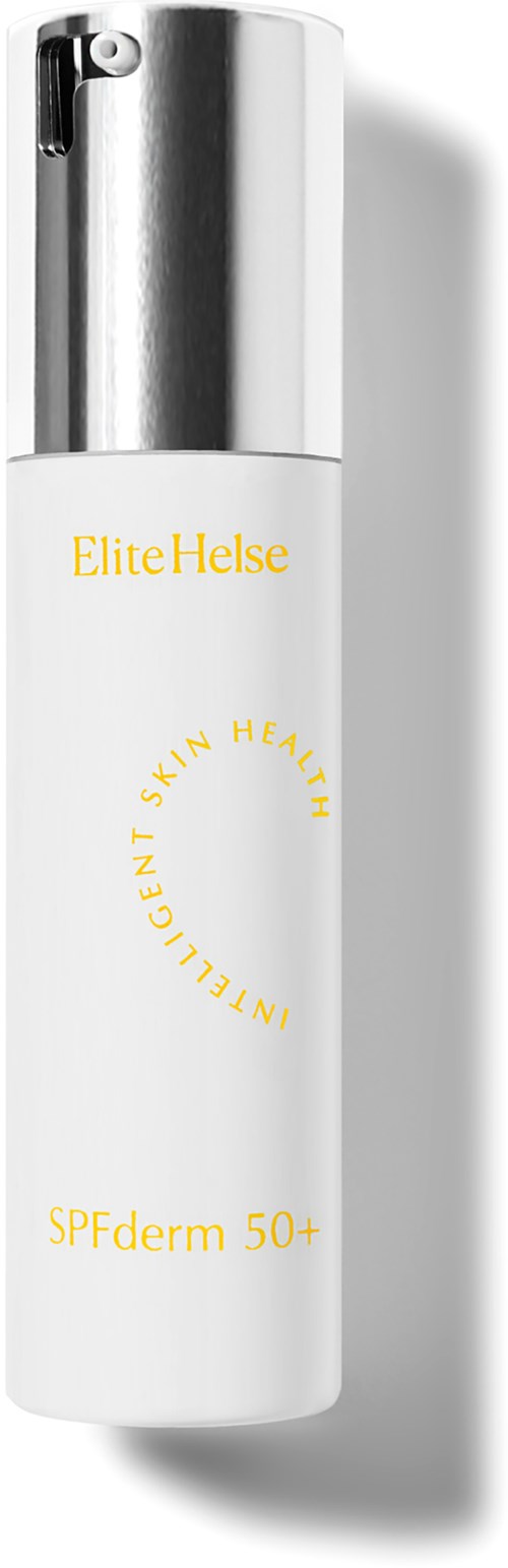 En hvid flaske med sølvlåg, mærket 'EliteHelse' og 'SPFderm 50+'.