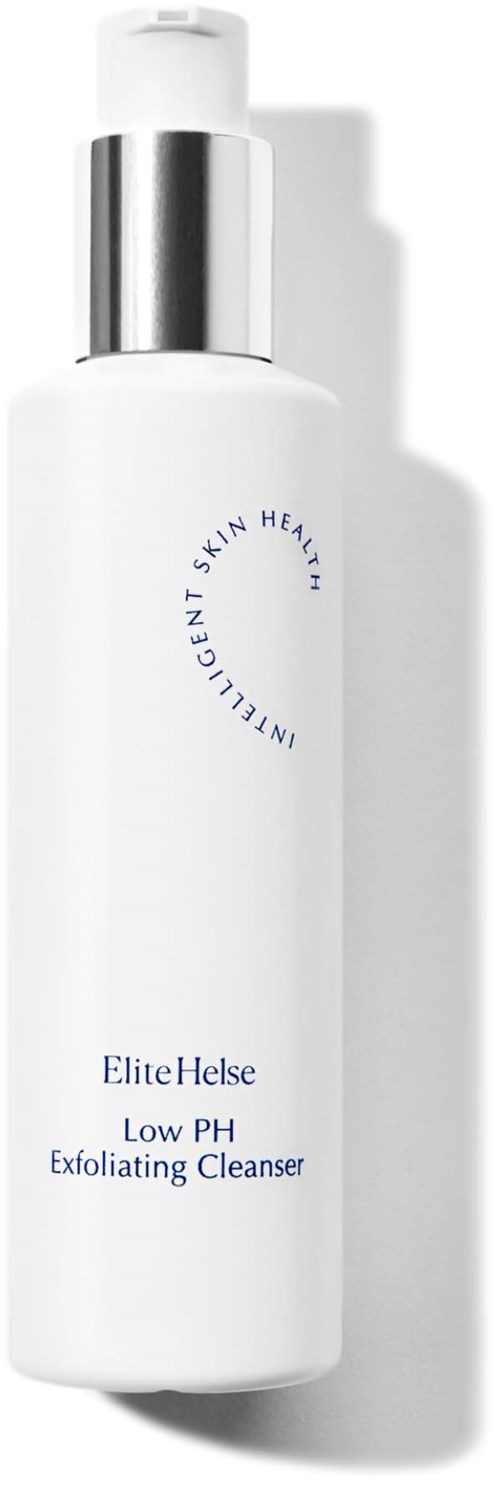 Valkoinen pullo hopeisella suuttimella, merkinnällä EliteHelse Low PH Exfoliating Cleanser, sinisellä tekstillä ja ympyräkuviolla.