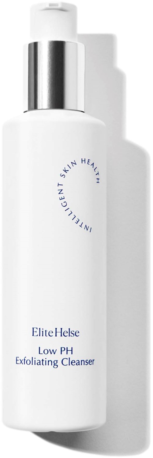 Valkoinen pullo, jossa on hopeinen korkki, nimeltä 'EliteHelse Low PH Exfoliating Cleanser' ihon puhdistukseen.