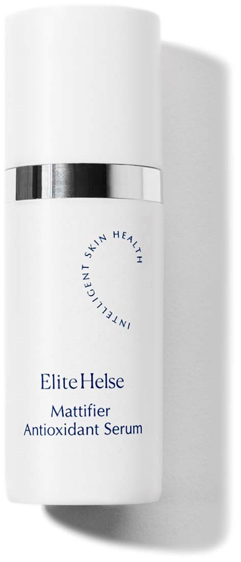En vit flaska med en silverrand, märkt 'Elite Helse Mattifier Antioxidant Serum'. Den ser elegant och modern ut.