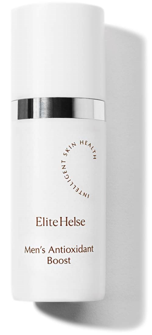 Biała butelka z srebrną taśmą, oznaczona 'Elite Helse Men's Antioxidant Boost', stoi na białym tle.