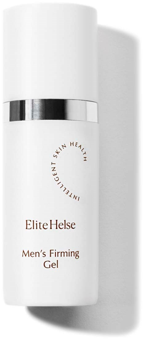 Valkoinen pullo hopeanauhalla, jossa lukee 'Elite Helse Men’s Firming Gel'. Se seisoo pystyssä varjon kanssa.