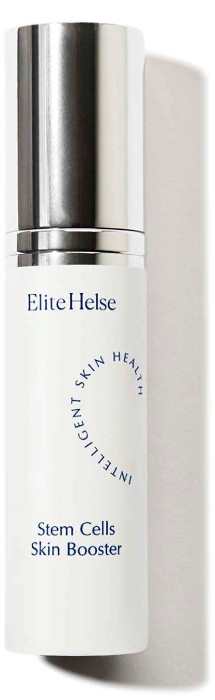 Biała butelka z srebrną zakrętką, oznaczona 'EliteHelse' i 'Stem Cells Skin Booster.'
