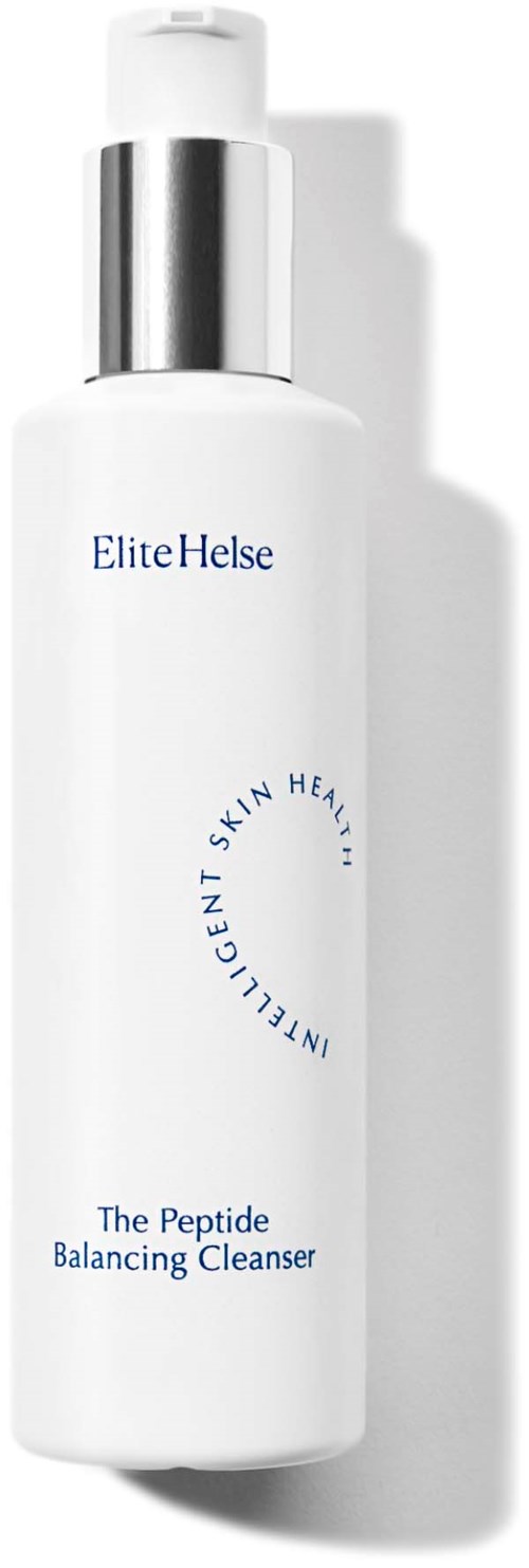 En vit flaska med pump, märkt EliteHelse, hudvårdsprodukt, kallad Peptide Balancing Cleanser.