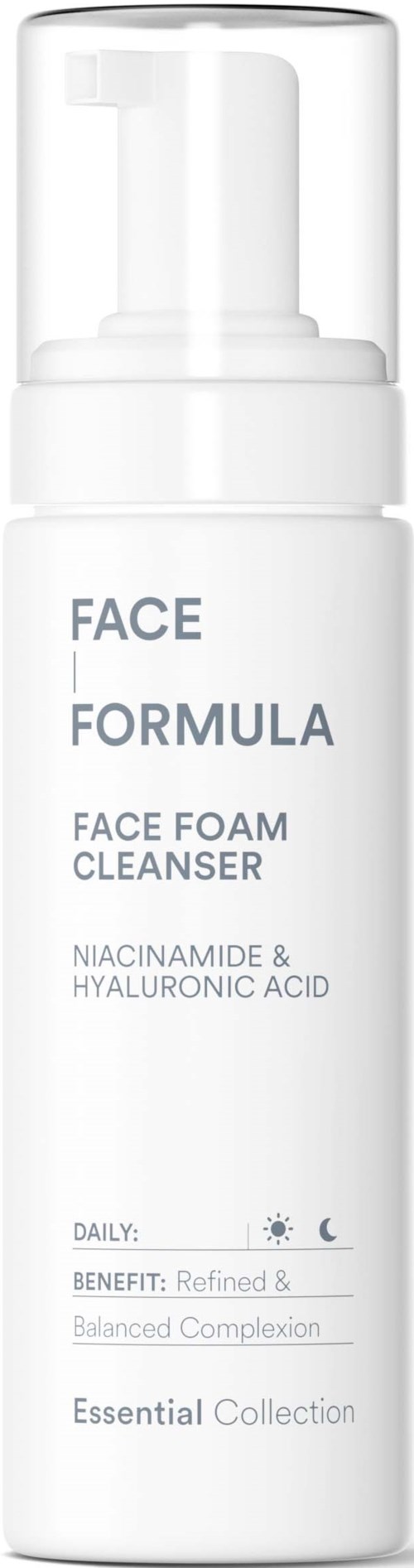 Biała butelka pianki do mycia twarzy, oznaczona Face Formula Face Foam Cleanser, zawiera składniki i korzyści.