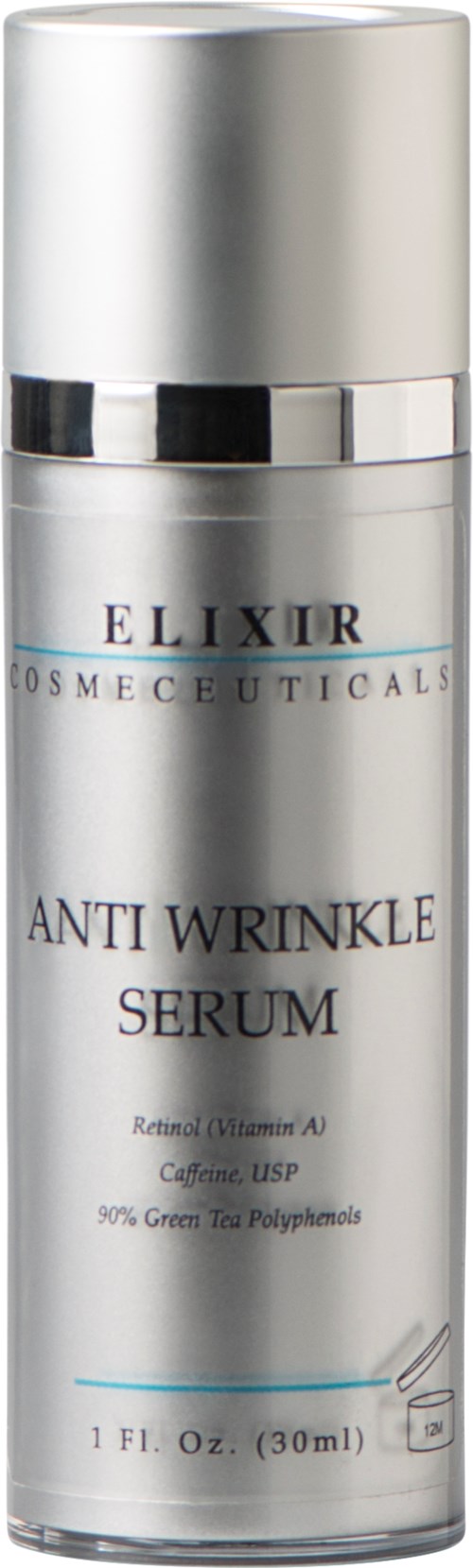 En sølvfarget og hvit flaske merket 'ELIXIR COSMECEUTICALS' for anti-rynke serum. Den har en sølvhette og informasjon om ingredienser.