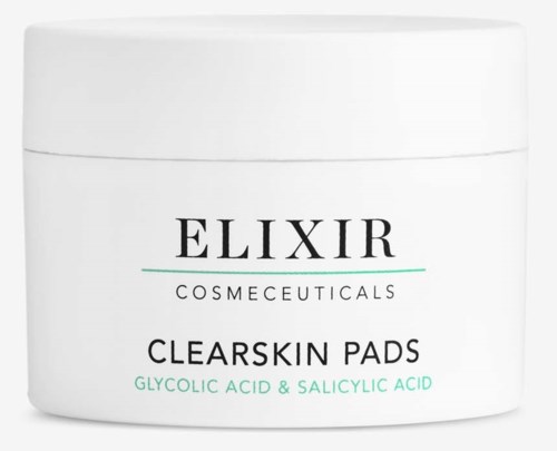 En hvit beholder med svart og grønt tekst for hudpleie, merket ELIXIR Cosmeceuticals Clearskin Pads med syrer.