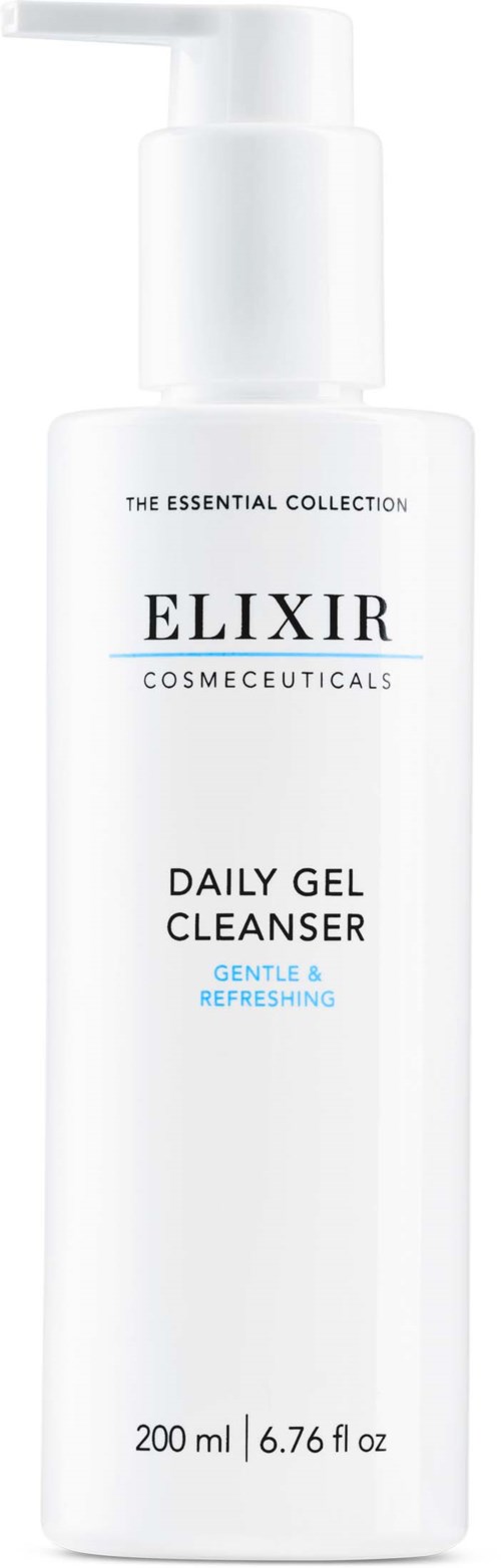 En hvit flaske med pumpe merket ELIXIR Daily Gel Cleanser, mild og forfriskende, 200 ml.