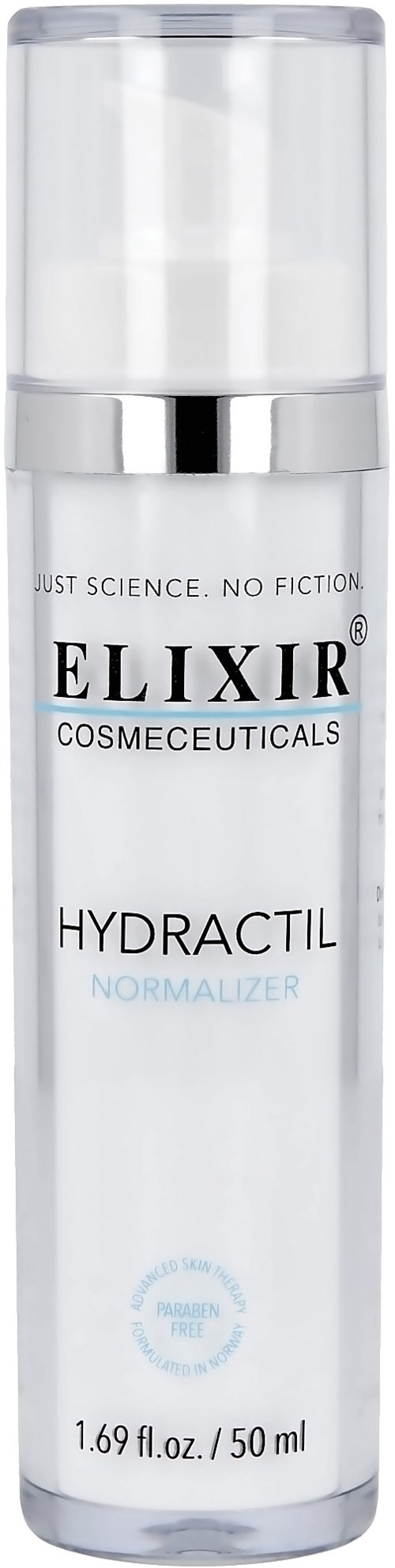 En vit, lång flaska märkt Hydractil Normalizer från Elixir Cosmeceuticals med pump.