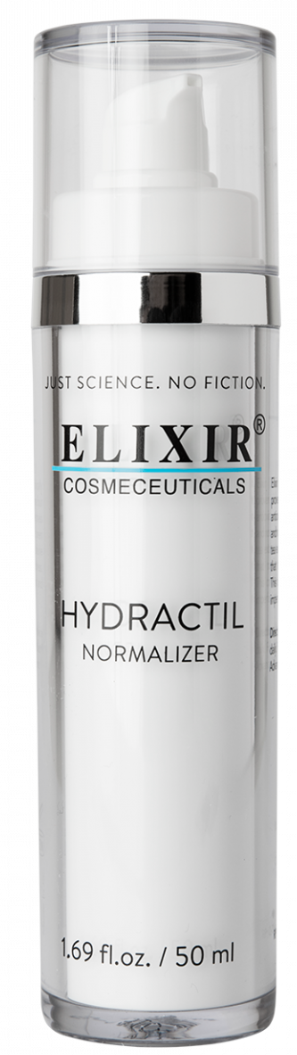 En tydlig flaska med pump, märkt 'Hydratil Normalizer' av Elixir Cosmeceuticals, innehåller hudvårdsprodukt.