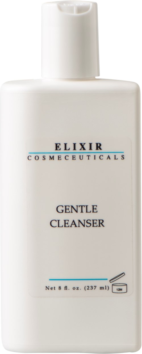 En hvit flaske merket 'Elixir Cosmeceuticals Gentle Cleanser' med lokk og en liten illustrasjon av en skvett.