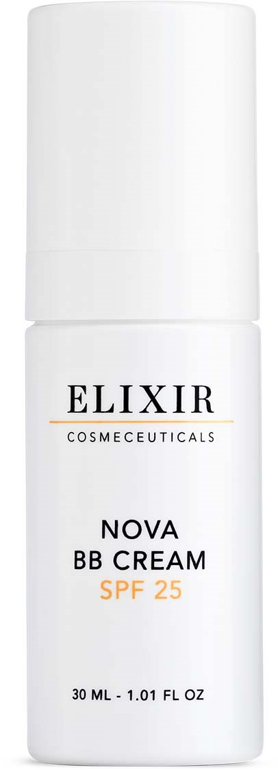 Hvit flaske med pumpe, merket Elixir Cosmeceuticals Nova BB Cream SPF 25, 30 ml.