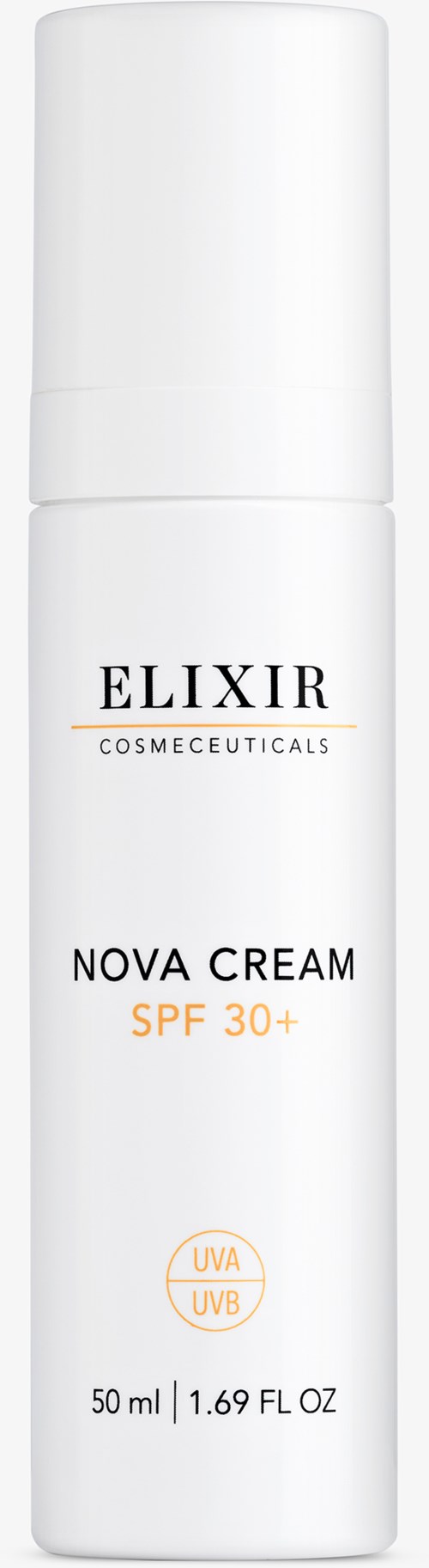 En vit flaska märkt Elixir Nova Cream SPF 30+ för solskydd, med 50 ml kapacitet.