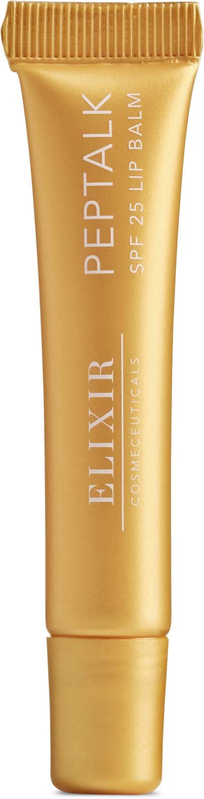 En gylden tube av Elixir leppepomade med SPF 25, merket 'Peptalk' for lepper, står opp.