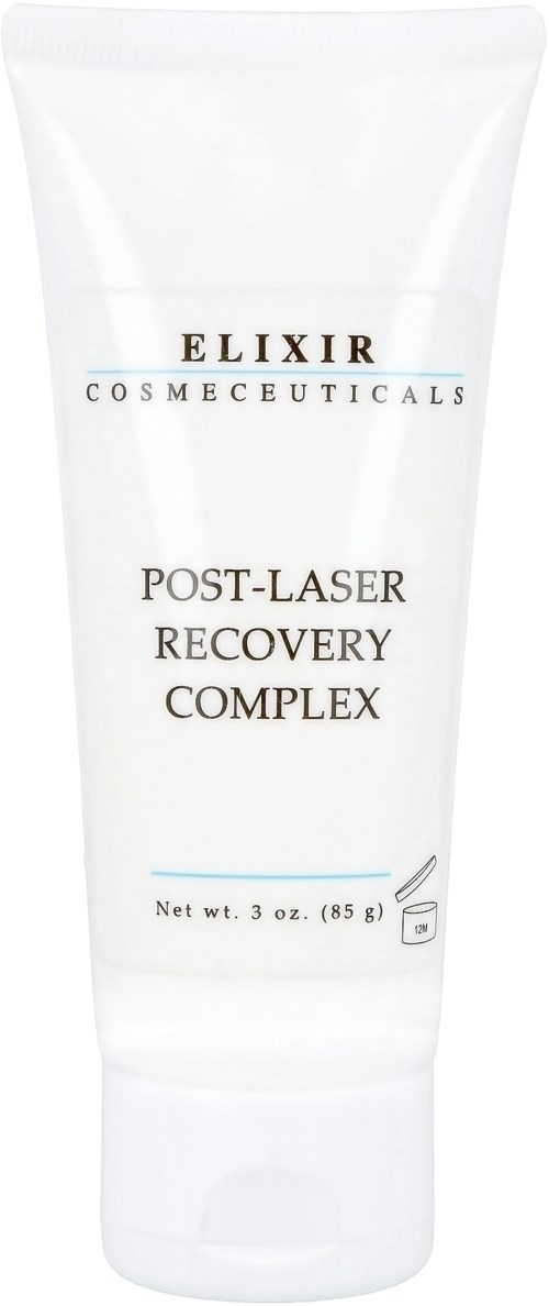 En vit tub märkt Elixir Cosmecuticals, Post-Laser Recovery Complex, innehåller 3 oz kräm eller gel.
