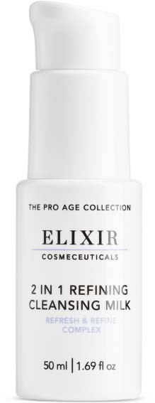 A white skincare bottle labeled 'Elixir Cosmeceuticals 2 in 1 Refining Cleansing Milk, refresh & refine complex, 50 ml.'