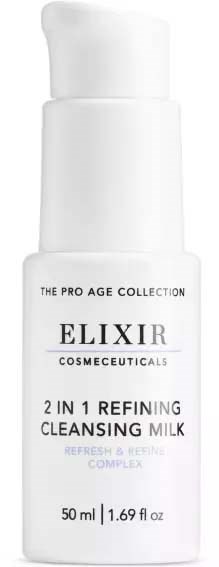 White bottle with black and purple text, labeled as skincare product, containing 50ml, for cleansing and refreshing skin.