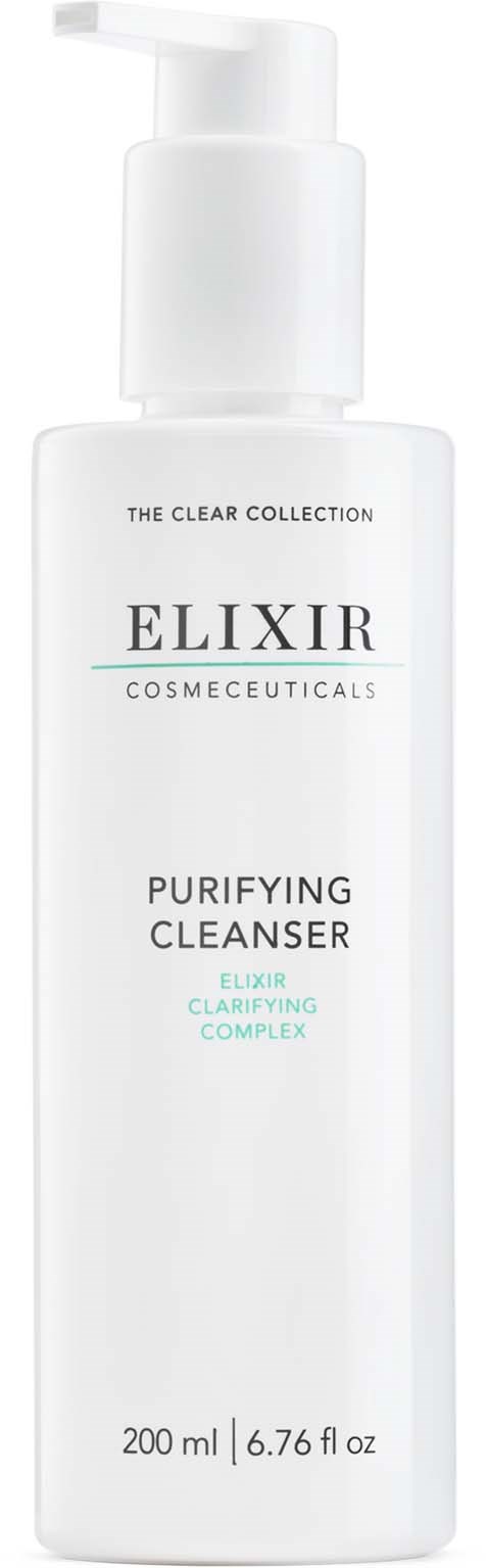 A white bottle with a pump labeled Elixir Purifying Cleanser, containing 200 ml of skincare product.