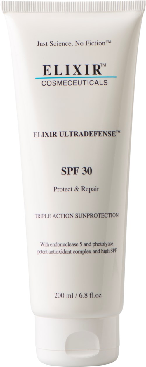 En hvit tube med Elixir Cosmeceuticals solkrem med SPF 30, som beskytter og reparerer huden og gir solbeskyttelse.