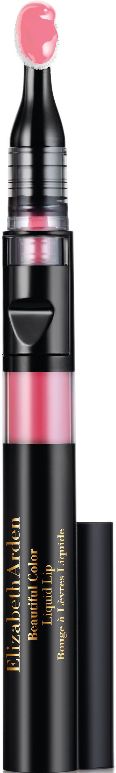 En svart penna med rosa spets, utformad som ett smink- eller kosmetikverktyg, med en knapp i mitten.