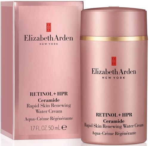 En rosa flaske og eske med Elizabeth Arden Retinol + HPR Ceramide vannkrem for hudfornyelse.