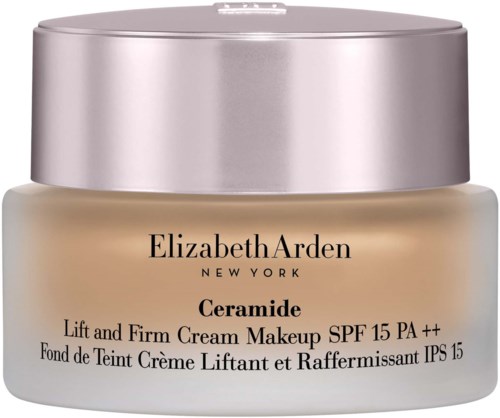En kosmetikkkrukke med sølvhette, merket Elizabeth Arden Ceramide Lift and Firm Cream, SPF 15.