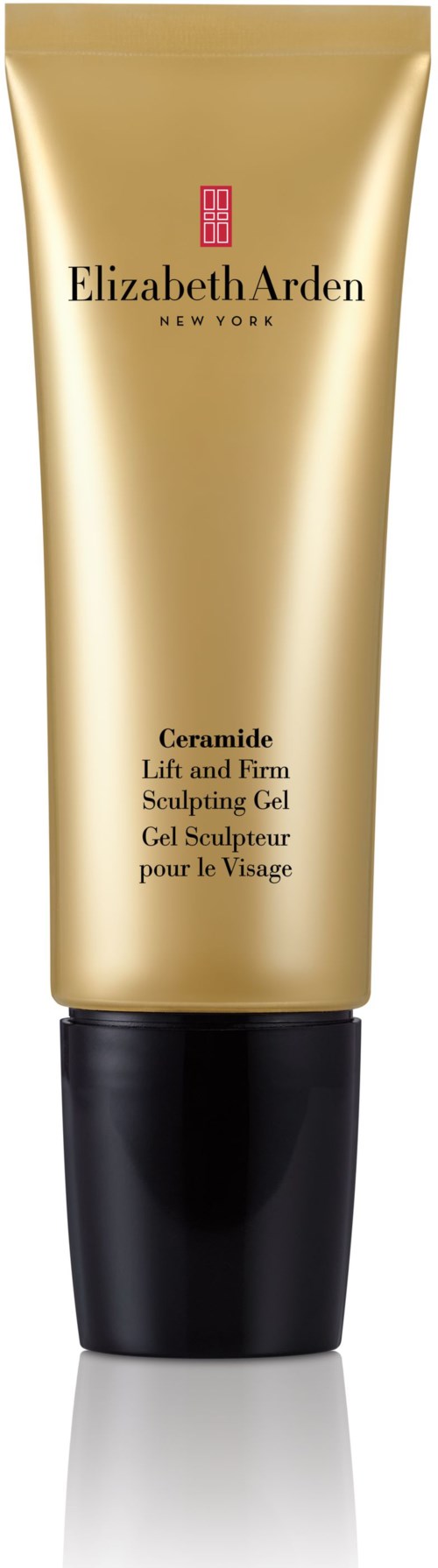 En guldtube med sort låg, mærket Elizabeth Arden Ceramide Lift and Firm Sculpting Gel til ansigtet.
