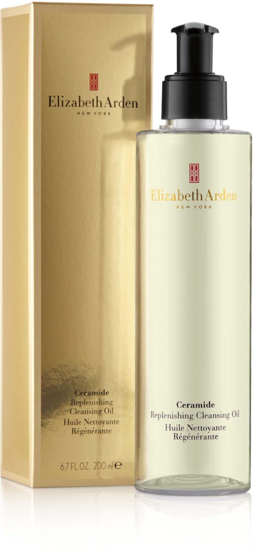 A clear bottle with a pump and a gold box, both showing Elizabeth Arden logo. Label says Ceramide Cleansing Oil.