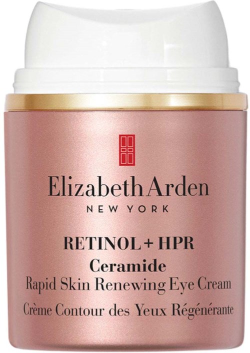 Elizabeth Arden ögonkräm i rosa burk med märket Retinol plus HPR Ceramide för hudföryngring.