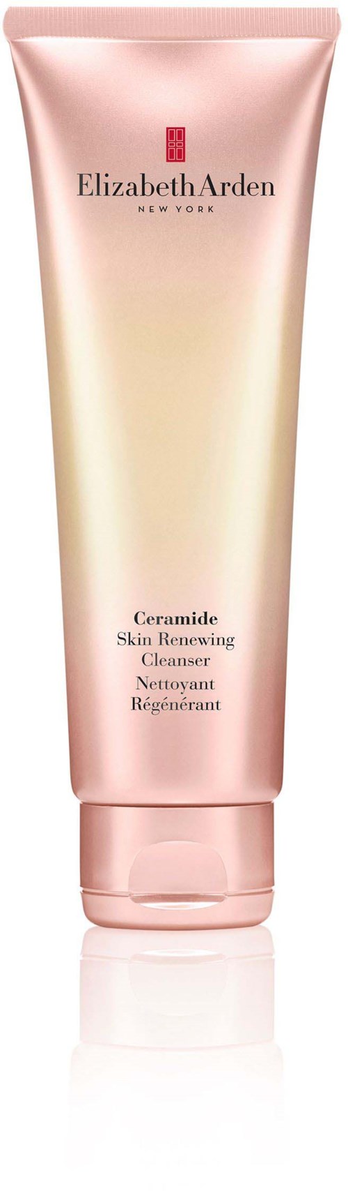 En rosa tub märkt Elizabeth Arden Ceramide Skin Renewing Cleanser med en gradient effekt. Den står upprätt.