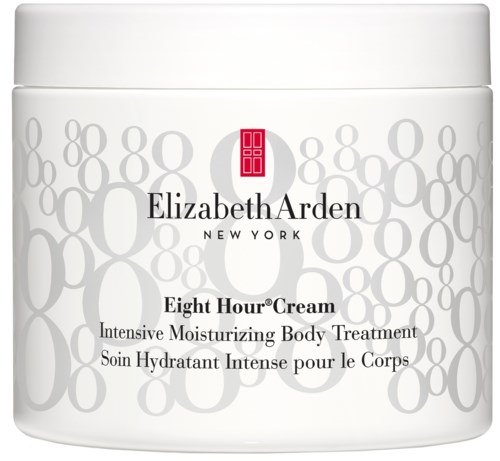 A white jar with the Elizabeth Arden logo and text, labeled as Eight Hour® Cream, a moisturizing body treatment.